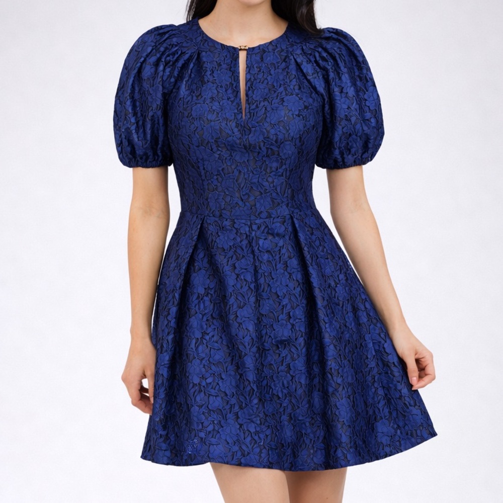 🆕✨ Vince Camuto Blue Floral Jacquard Dress Size 10 A-Line Elegant Occasion Chic